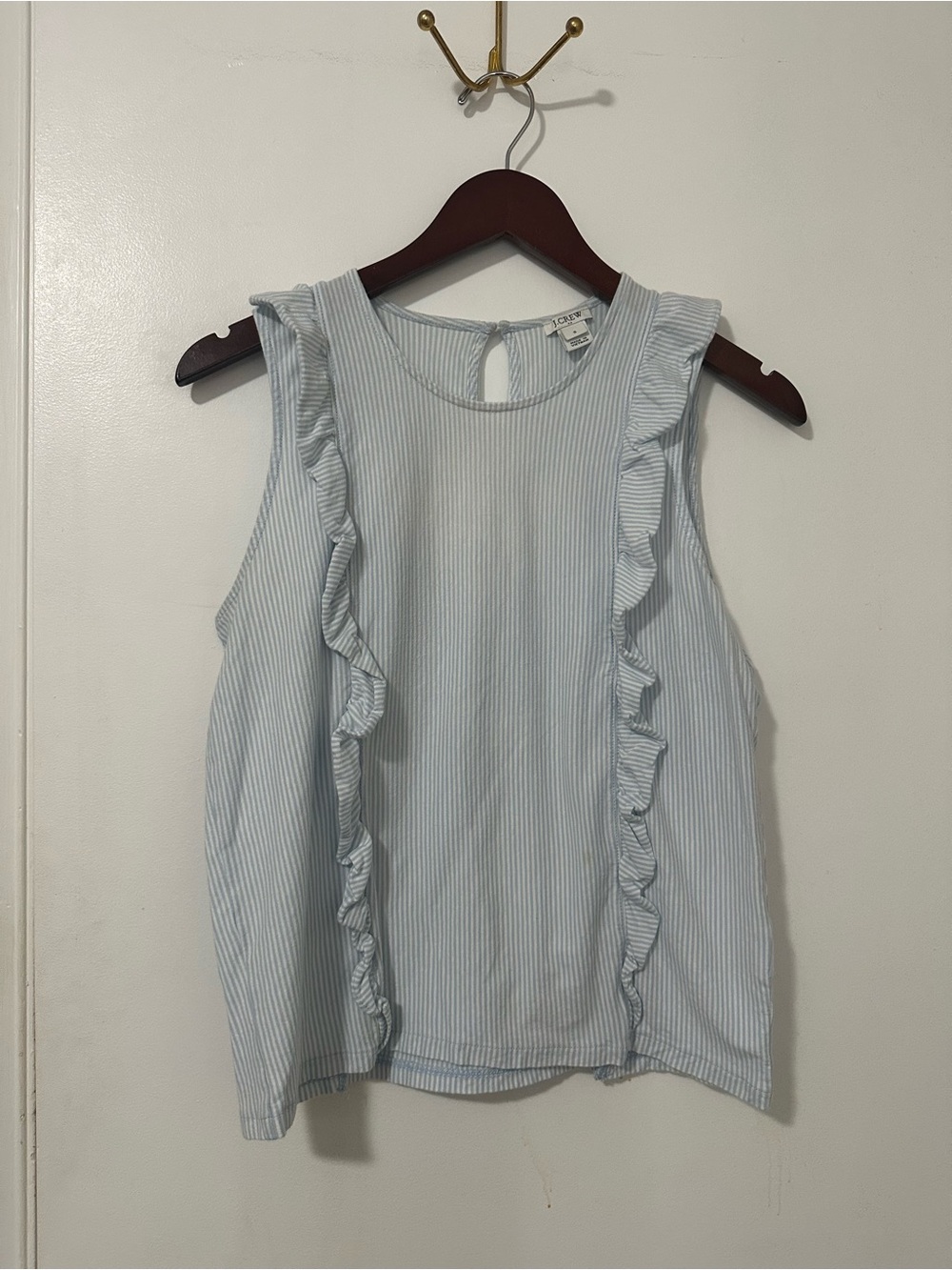 J. Crew Light Blue Pinstripe Ruffle Sleeveless Top